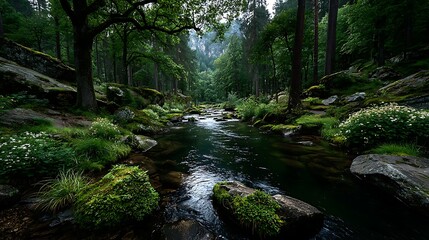 Fototapeta premium Calm woodland creek with mossy stones images illustration
