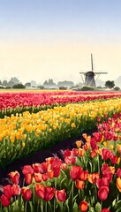 Vivid tulip fields bloom beneath sunlight a classic windmill graces this serene picturesque landscape art