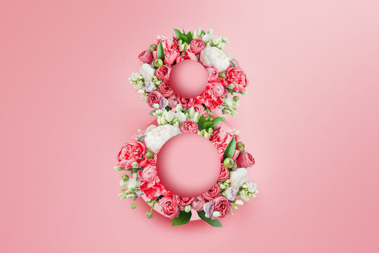 8 march womans day number 8 bouquet of peonies flowers isolated on paper pink background