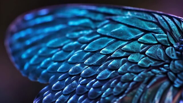 Macro shot of a butterfly wing's scales, shimmering iridescent colors shifting from green to purple, soft rhythmic movement.
