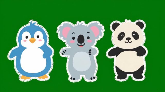 Cute cartoon animals penguin koala panda on green background stickers.