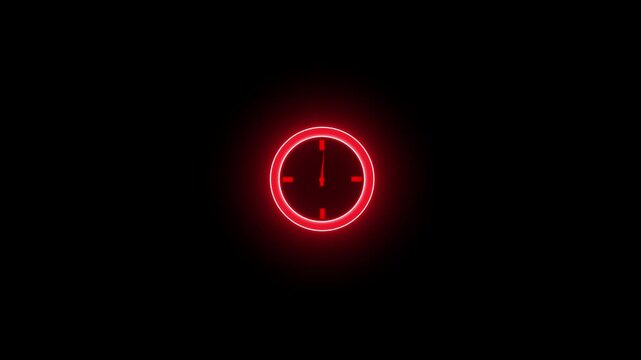 Glowing neon clock icon animation isolated on black background,Analog clock icon animation with neon line, neon Clock icon analog clock on the black background glowing neon clock animation icon,4k