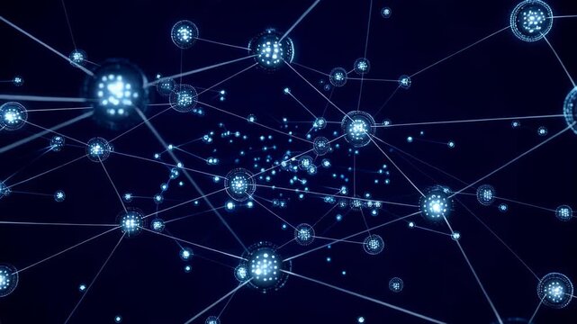 A background of glowing data nodes connected by thin silver threads, pulsing slowly like a digital brain, dark navy blue background.
