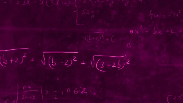 complex mathematical equations written on a dark purple chalkboard. 4K