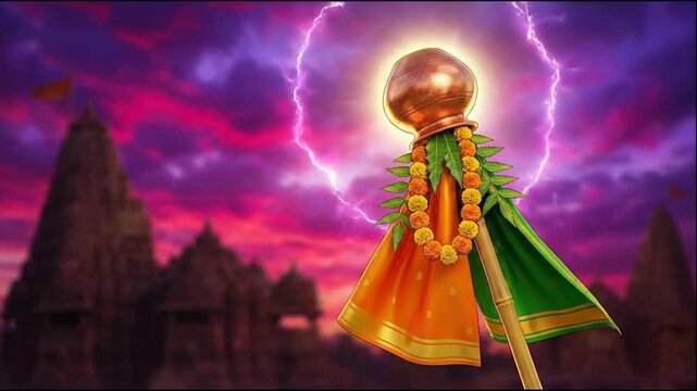 A glowing gudi, decorated with a garland, symbolizes the vibrant gudi padwa festival near a hindu temple.