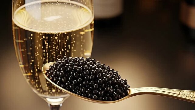 Spoon of caviar with champagne glass.