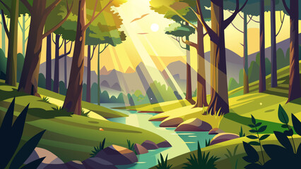 Serene forest stream in morning light Vector