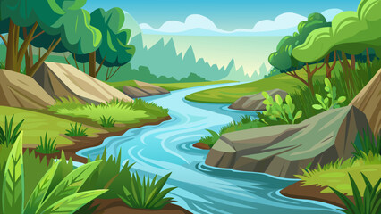 Serene forest river scene Vector