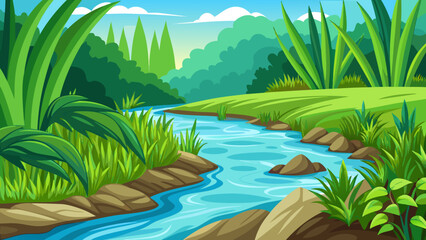 Fototapeta premium Serene river flowing through lush forest Vector