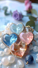 Delicate heart-shaped jewelry with multicolored crystals framed by sparkling stones. Pearls and delicate roses create an atmosphere of romance and sophistication.
