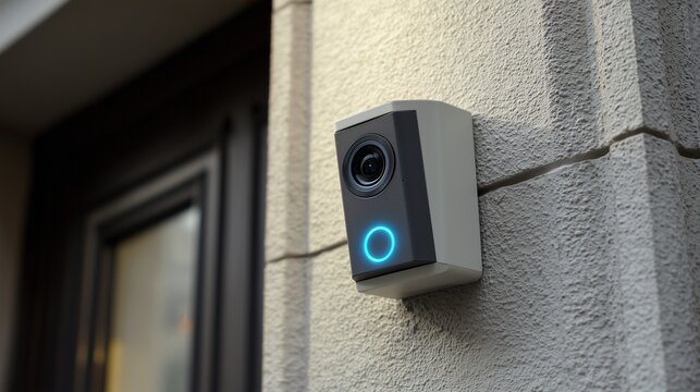 Smart security camera mounted by front door with illuminated ring indicating active home alarm system and remote monitoring.