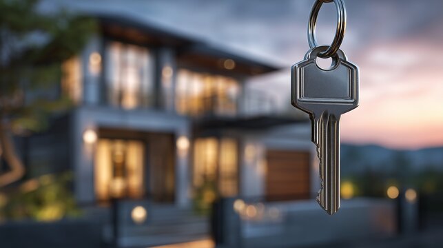 House purchase concept, house at dusk with hanging key in focus, representing home buying, ownership transfer, mortgage closing, and real estate market activity.