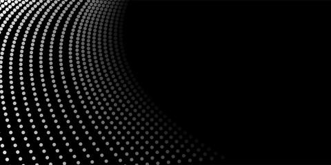 Abstract curved dotted lines in white over black background, creating a dynamic wave-like pattern, perfect for modern, minimal and futuristic design projects. Design template with copyspace