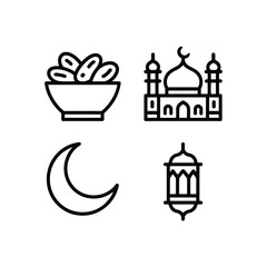 Obraz premium Minimalist Islamic Line Set Featuring a Bowl of Dates, Mosque, Crescent Moon, and Lantern