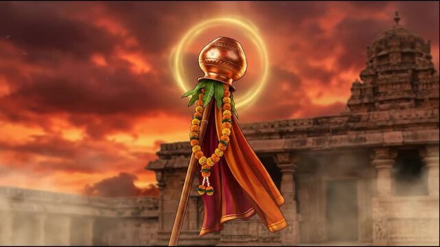 The dramatic, glowing gudi padwa ugadi symbol is digitally illustrated against a fiery red temple backdrop.