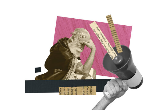 Creative photo poster collage of serious old man augustus king wear tunic wreath think plan warlord hand hold megaphone propaganda