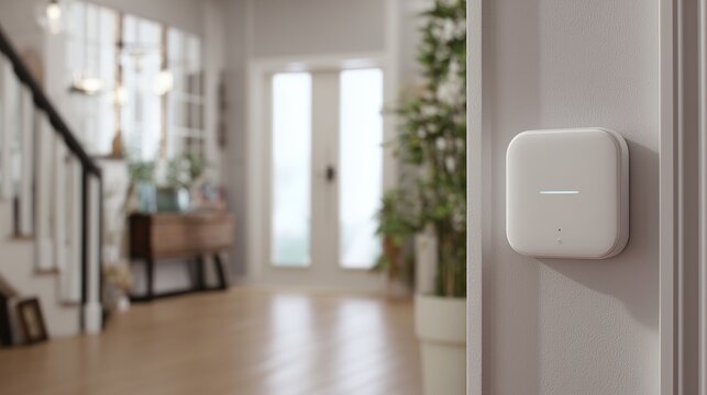 Wireless home alarm system detector guard mounted on wall near entry, protecting door and interior with sleek motion sensor design.