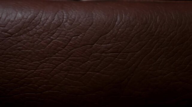 Macro shot of high-quality leather grain, light sliding across the surface to show the texture, dark chocolate brown tones.