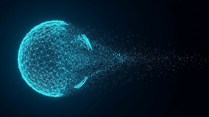 Disintegrating glowing digital globe made of particles and mesh