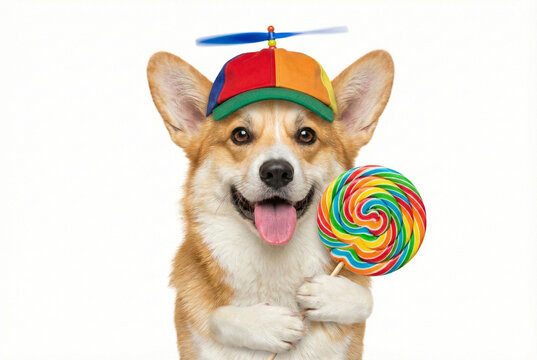 Corgi dog wearing propeller hat holding colorful lollipop