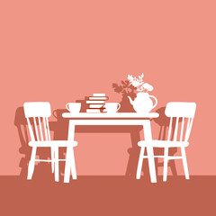 Obraz premium Minimal dining table with chairs books cups and teapot creating calm cozy home date atmosphere on coral background