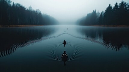 Serene lake with ducks on foggy morning