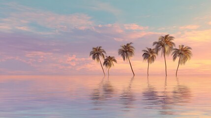 Obraz premium Palm trees on water during sunset with colorful sky reflecting