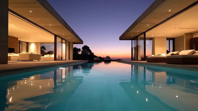 A serene modern home with a large pool at dusk video