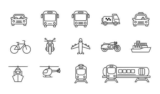 Transport icons vector set with editable stroke modern vehicle outline symbols for web app and UI design