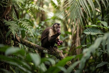 Obraz premium Capuchin monkey eating fruits on a branch in dense tropical jungle