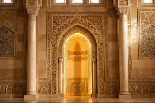 Illuminated mihrab niche in a mosque featuring intricate golden carvings and tall marble columns