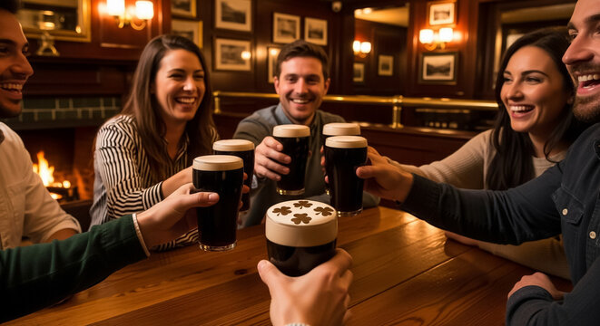 St. Patrick's Day Toast: Happy Friends Celebrating with Guinness Beers in a Cozy Irish Pub