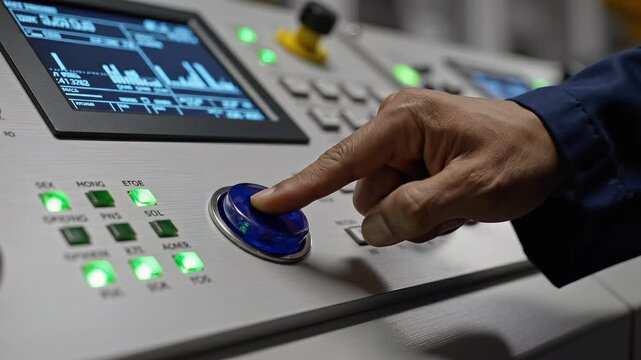 maintenance technical safety optimization concept. Control panel with a hand pressing a button.