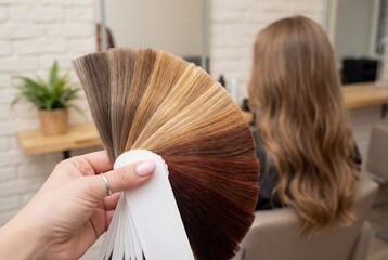 Hairdresser's hand holding hair color shades near client in salon