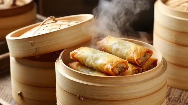 Golden crispy fried spring rolls with steam in bamboo steamer