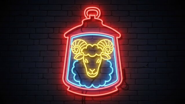 Vibrant neon ram lantern glowing on a dark brick wall, a modern graphic symbol display for various