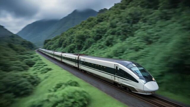 White bullet train traveling through green forest and mountainous landscape