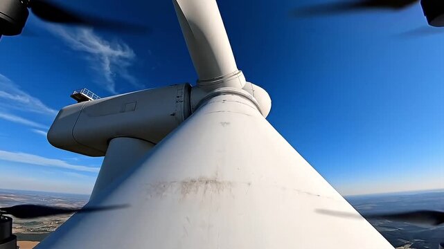 maintenance technical safety optimization concept. Aerial view of a wind turbine against a clear blue sky.