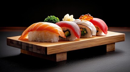 Sushi nigiri on a wooden platter