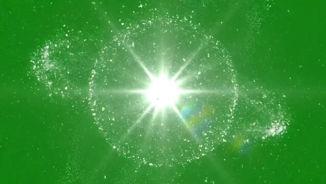Bright green screen particle explosion, a dazzling cosmic burst effect, sparkling light animation for visual effects, abstract energy motion graphic background