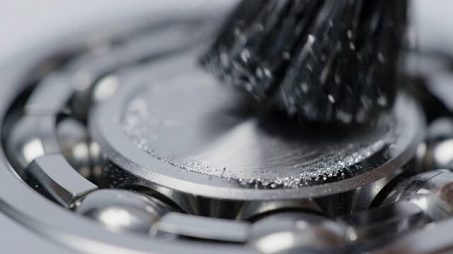maintenance technical safety optimization concept. Close-up of a brush applying a metallic coating to a circular surface.