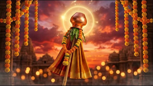 Dramatic gudi padwa / ugadi symbol, adorned with garlands, glows against a fiery temple sunset.