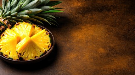 Sliced pineapple in a bowl on a dark surface