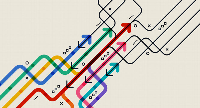 Curved and straight arrows in multiple colors on a beige grid background, representing pathfinding, complex decisions, and abstract business strategies.