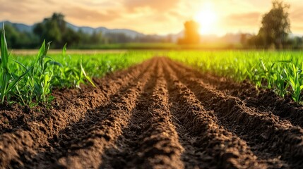 Sunrise over cultivated farm field