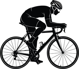 Naklejka premium Cyclist silhouette, road bike, racing posture, helmet, sunglasses, black vector, sports activity, cycling gear, speed motion, flavector