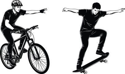 Cyclist silhouette, skateboard trick, outdoor sports, motion pose, helmet safety, black vector, active lifestyle, youth recreation, flavector © MstMarufa