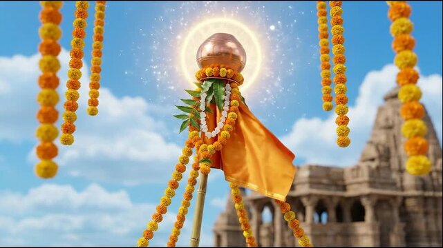 The festive gudi padwa flag, featuring a glowing copper pot and orange marigold garlands, stands brightly under a blue sky near a temple.