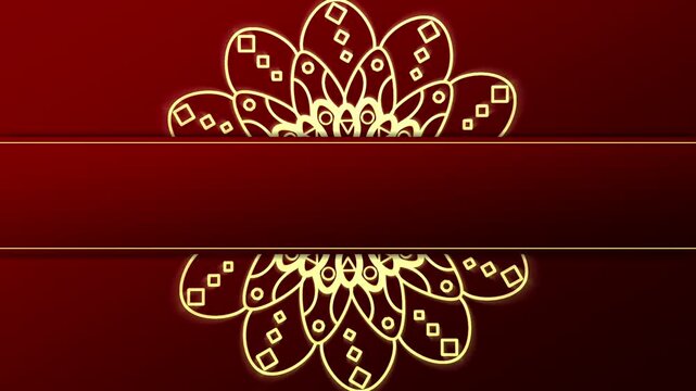Golden glow mandala motion with central copy space banner on premium dark red gradient background for Islamic ramadan and wedding invitation