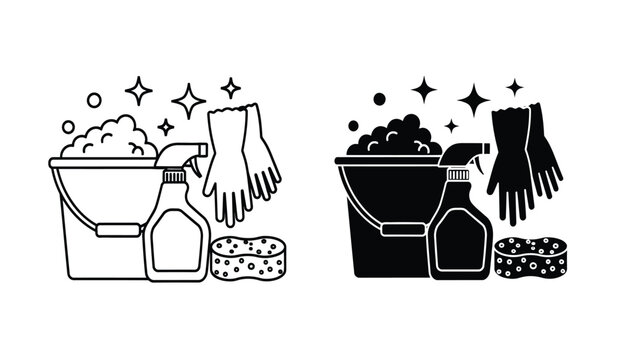 Black and white line art illustration of cleaning supplies including buckets, spray bottles, gloves, and sponges